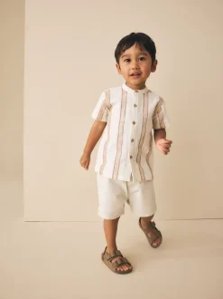 Ecru/Brown - Chemise à manches courtes avec col mao à texture rayée (3mois-7ans)