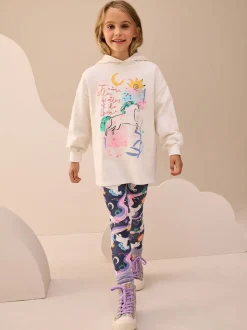 Ecru/Licorne marine - Ensemble Leggings Sweat-shirt à capuche imprimé graphique (3-16ans)
