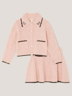 Ensemble Monsoon cardigan à col nœud et jupe en maille