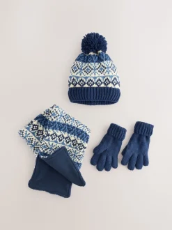 Fairisle bleu/blanc - Ensemble chapeau, écharpe et gants 3 pièces (3-16ans)