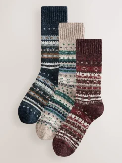 Fairisle bleu/neutre/rouge - Lot de 3 paires de Chaussettes Signature en laine thermique mélangée