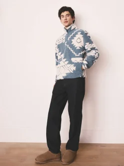 Famille bleue/écrue géométrique assortie - Polaire imprimée à col zippé