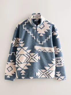 Famille bleue/écrue géométrique assortie - Polaire imprimée à col zippé