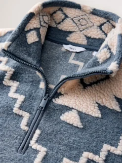 Famille bleue/écrue géométrique assortie - Polaire imprimée à col zippé