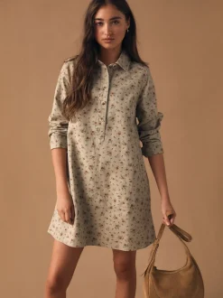 Fleuri neutre - Robe chemise à manches longues en sergé de coton