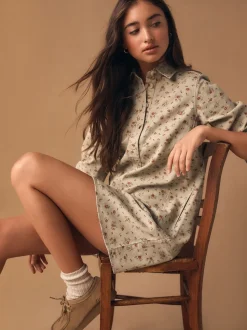 Fleuri neutre - Robe chemise à manches longues en sergé de coton