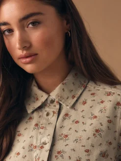 Fleuri neutre - Robe chemise à manches longues en sergé de coton