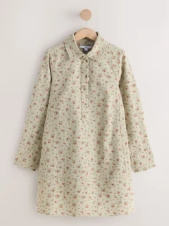 Fleuri neutre - Robe chemise à manches longues en sergé de coton