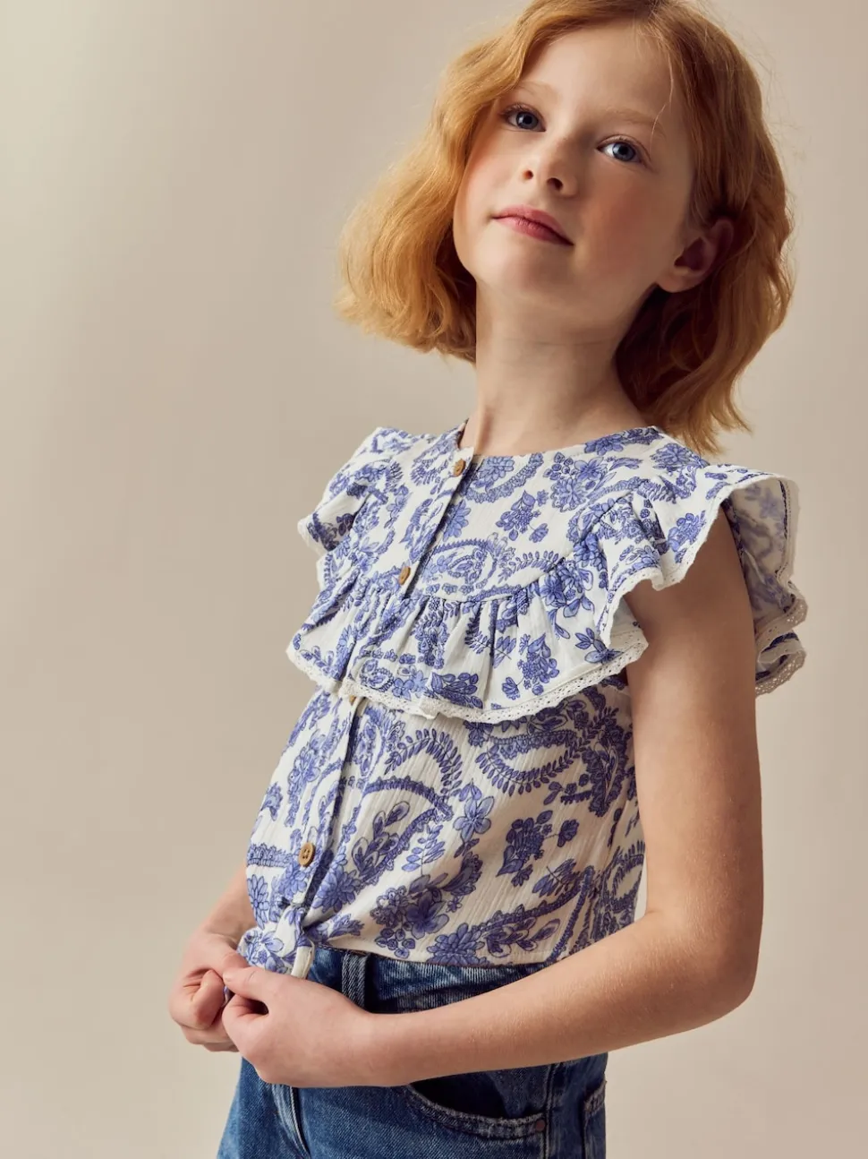 Floral bleu - Chemisier 100% coton avec col boutonné (316ans)