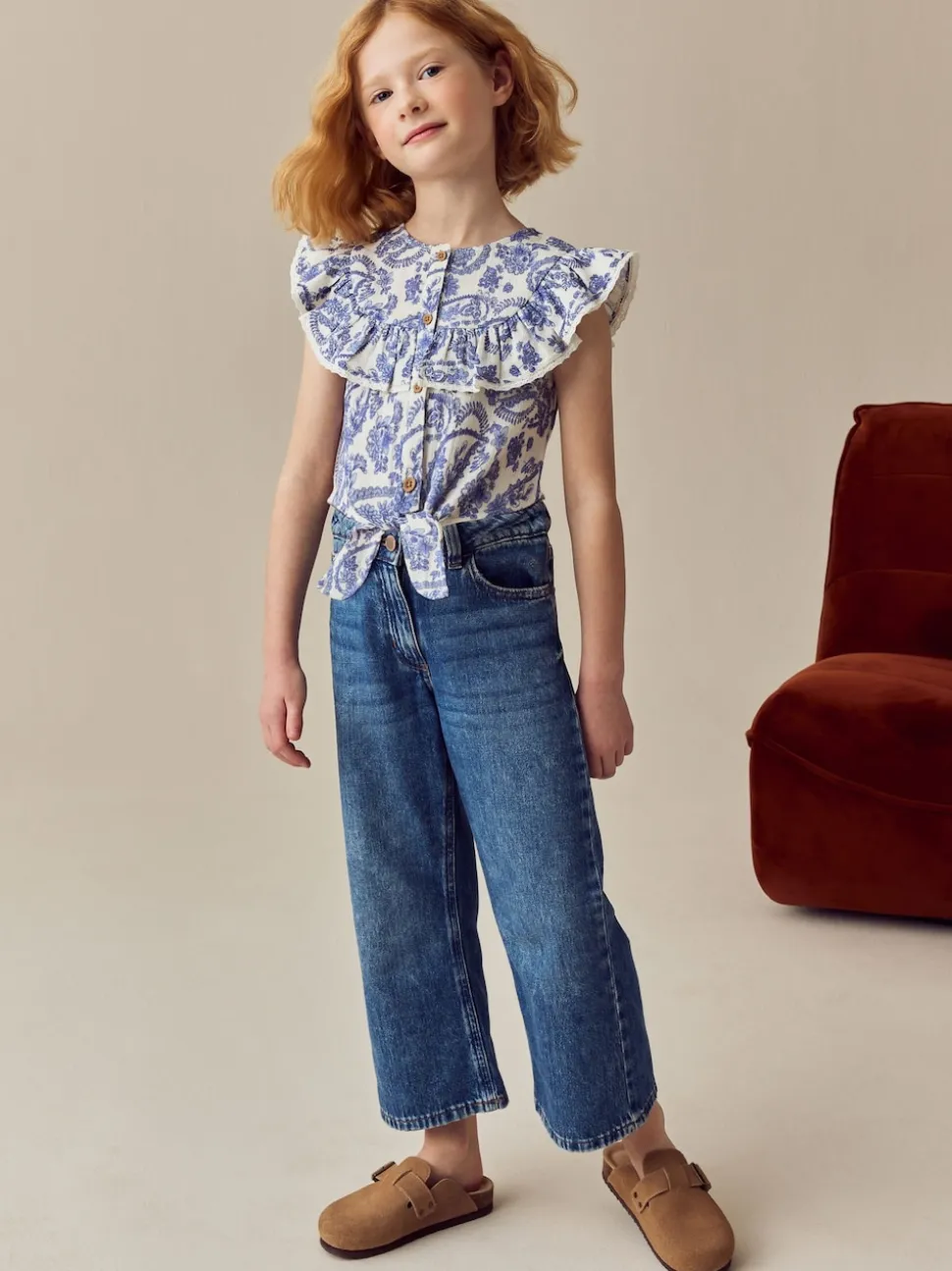 Floral bleu - Chemisier 100% coton avec col boutonné (316ans)