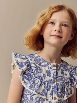 Floral bleu - Chemisier 100% coton avec col boutonné (316ans)