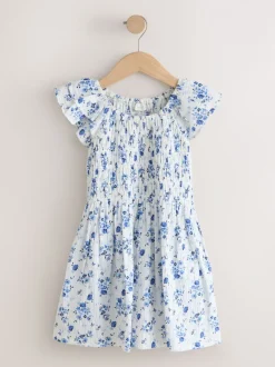 Floral bleu - Robe smockée à manches volantées (3-16ans)