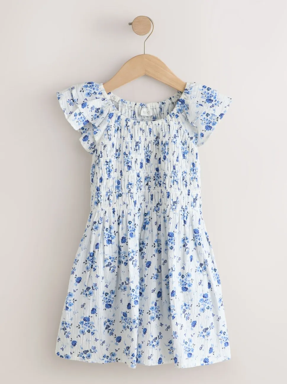 Floral bleu - Robe smockée à manches volantées (3-16ans)