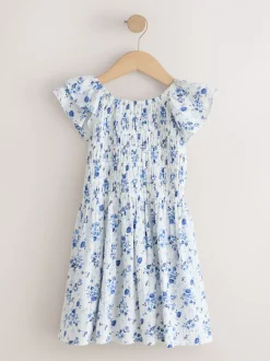 Floral bleu - Robe smockée à manches volantées (3-16ans)