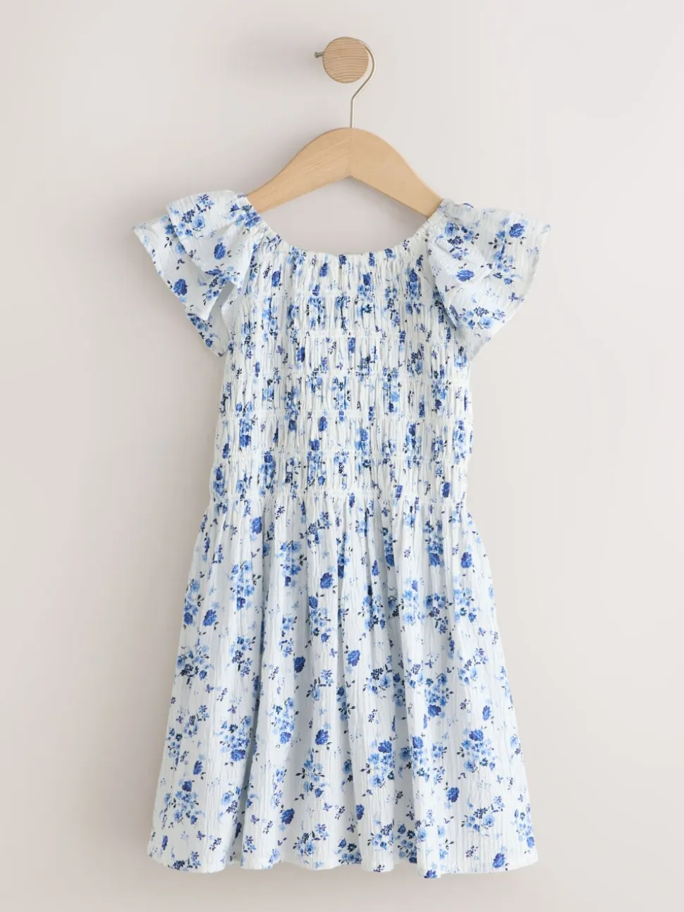 Floral bleu - Robe smockée à manches volantées (3-16ans)