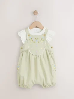 Floral brodées Vert sauge - Ensemble salopette et jambe bébé 100% coton à manches courtes (0mois2ans)