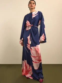 Floral de marine - Robe longue en satin à manches longues torsadée sur le devant