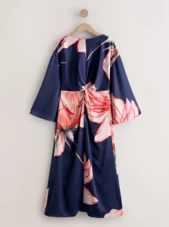 Floral de marine - Robe longue en satin à manches longues torsadée sur le devant