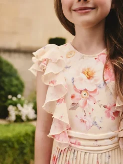 Floral jaune - Combinaison plissée à volants à manches courtes (3-16ans)