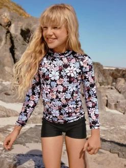 Floral noir - Ensemble débardeur et short anti-UV à manches longues (3-16ans)