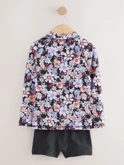 Floral noir - Ensemble débardeur et short anti-UV à manches longues (3-16ans)