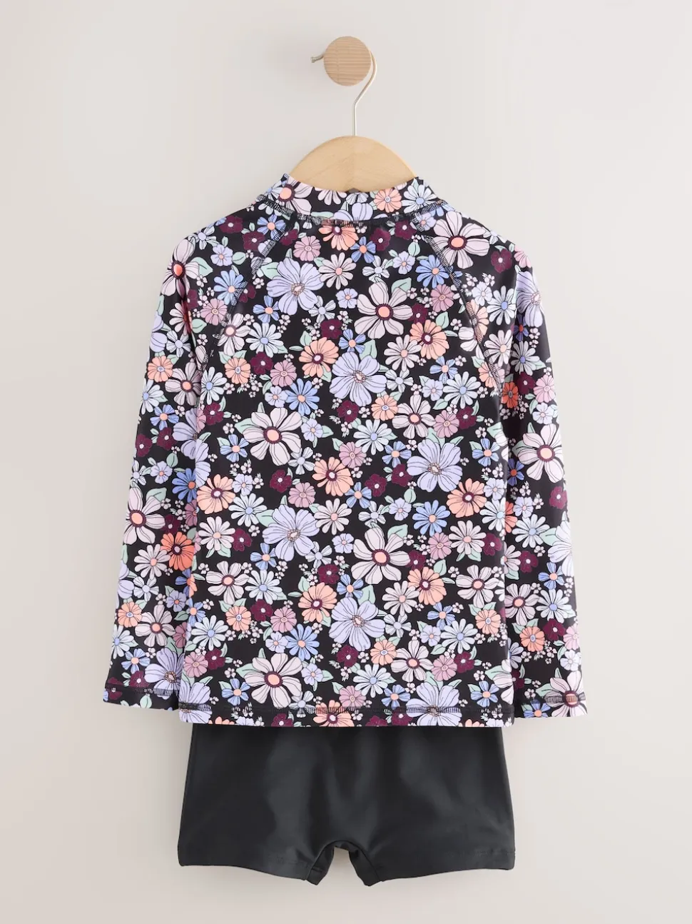Floral noir - Ensemble débardeur et short anti-UV à manches longues (3-16ans)
