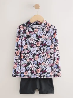 Floral noir - Ensemble débardeur et short anti-UV à manches longues (3-16ans)