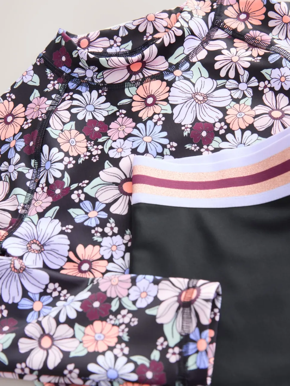 Floral noir - Ensemble débardeur et short anti-UV à manches longues (3-16ans)