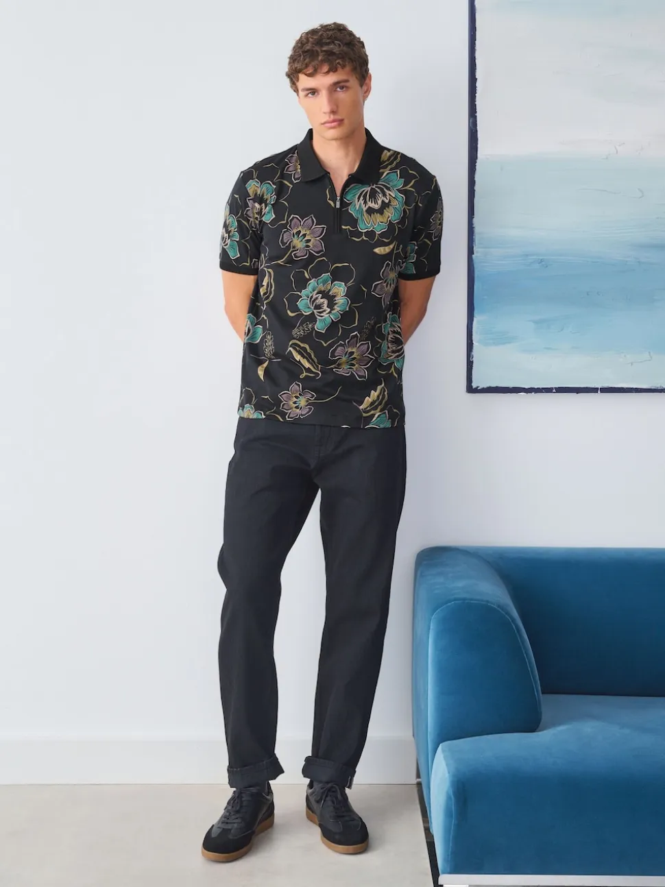 Floral noir - Manches courtes Imprimé Polos