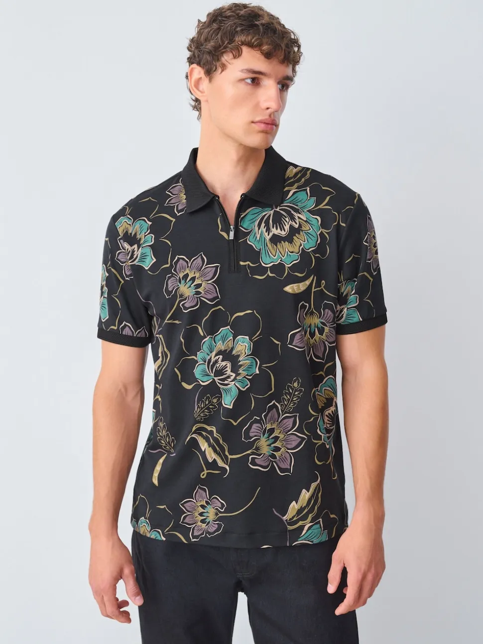 Floral noir - Manches courtes Imprimé Polos