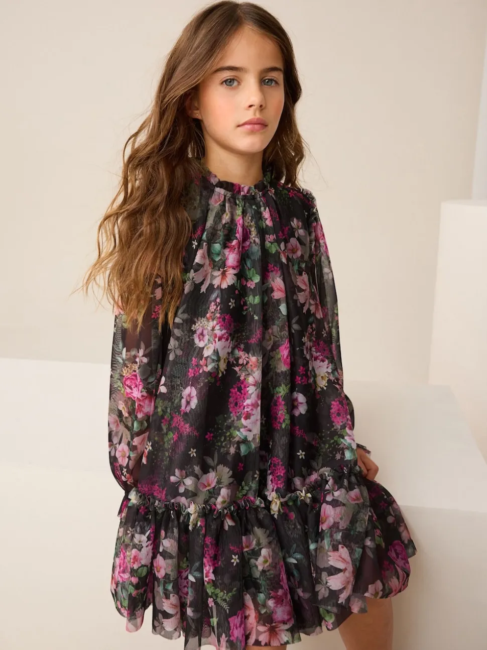 Floral noir - Manches longues Mesh Robes de fête (3-16yrs)