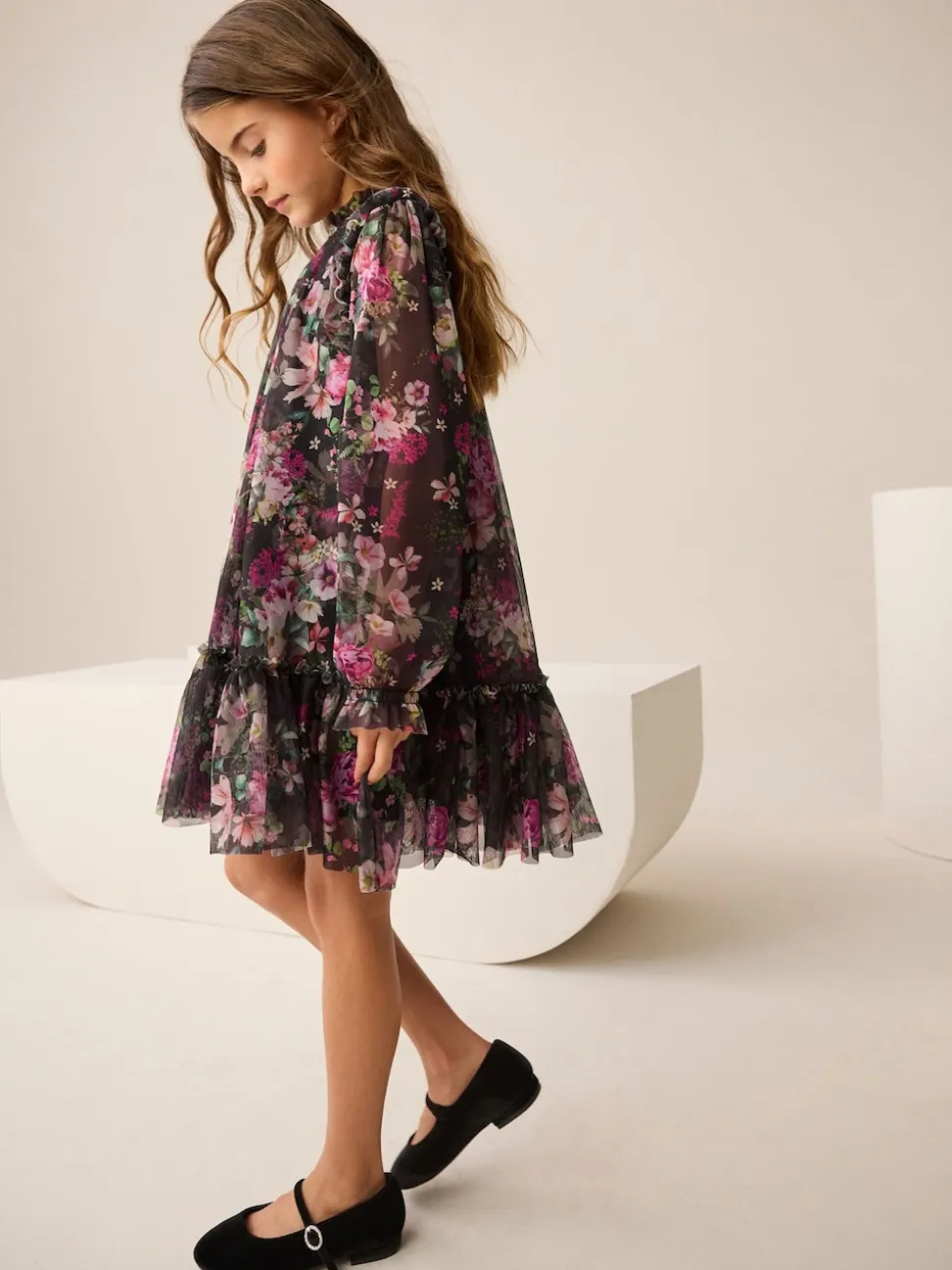 Floral noir - Manches longues Mesh Robes de fête (3-16yrs)