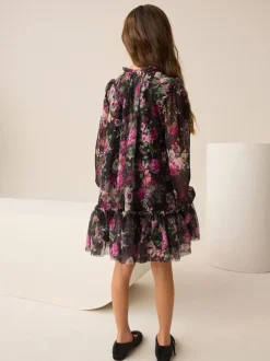 Floral noir - Manches longues Mesh Robes de fête (3-16yrs)