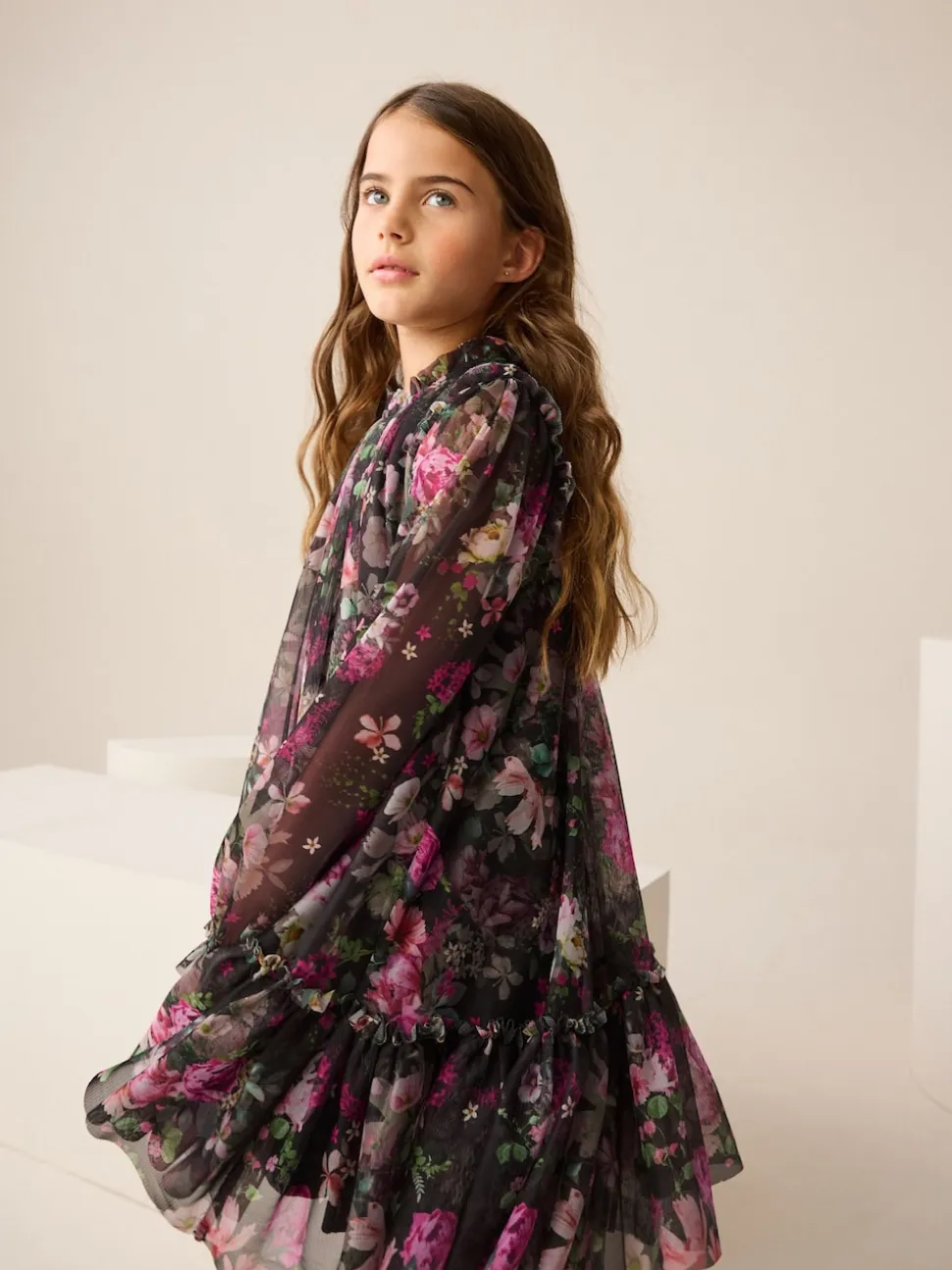 Floral noir - Manches longues Mesh Robes de fête (3-16yrs)