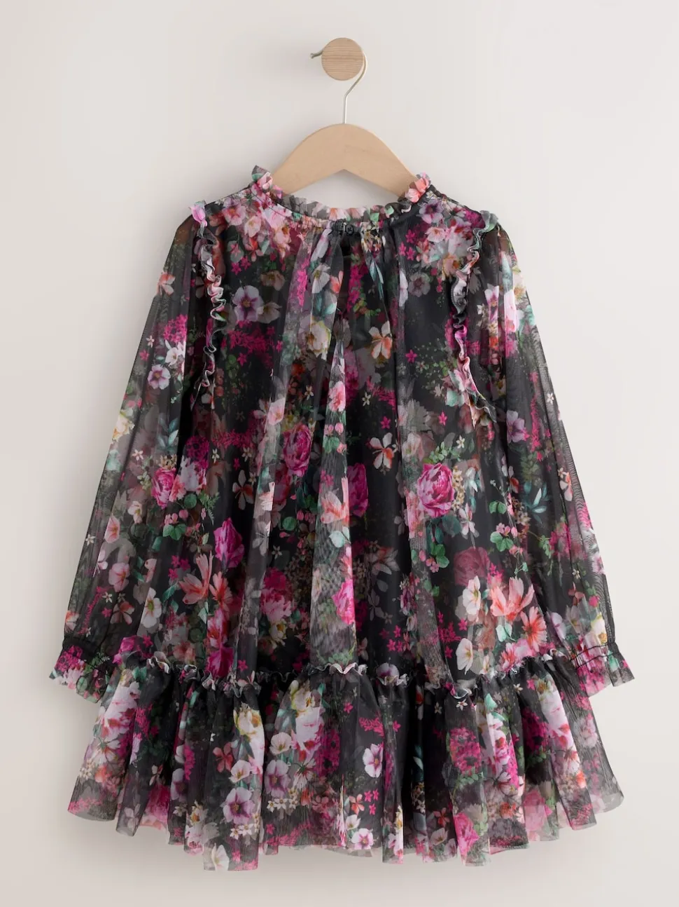 Floral noir - Manches longues Mesh Robes de fête (3-16yrs)