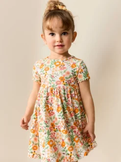 Floral orange - Robe côtelée à manches courtes (3mois7ans)