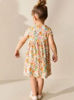 Floral orange - Robe côtelée à manches courtes (3mois7ans)