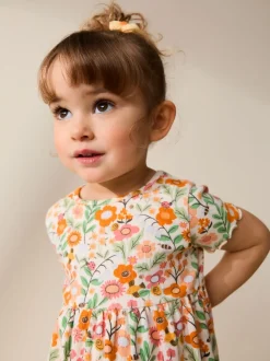 Floral orange - Robe côtelée à manches courtes (3mois7ans)