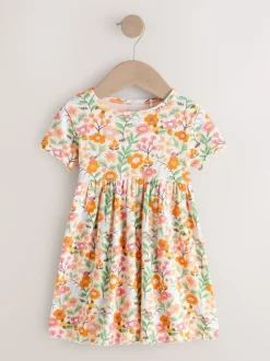 Floral orange - Robe côtelée à manches courtes (3mois7ans)