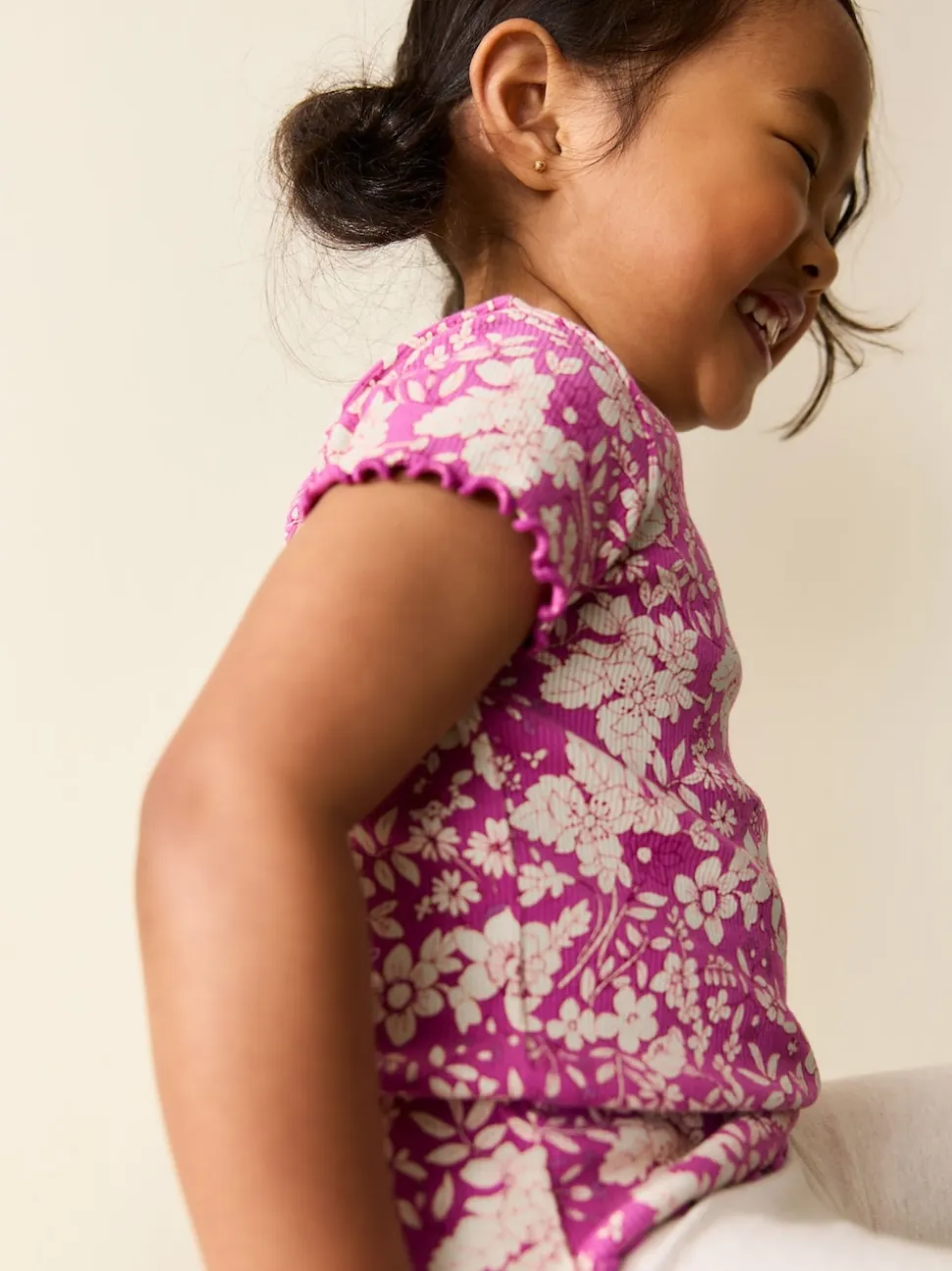 Floral pourpre - T-shirt côtelé à manches courtes (3mois à7ans)