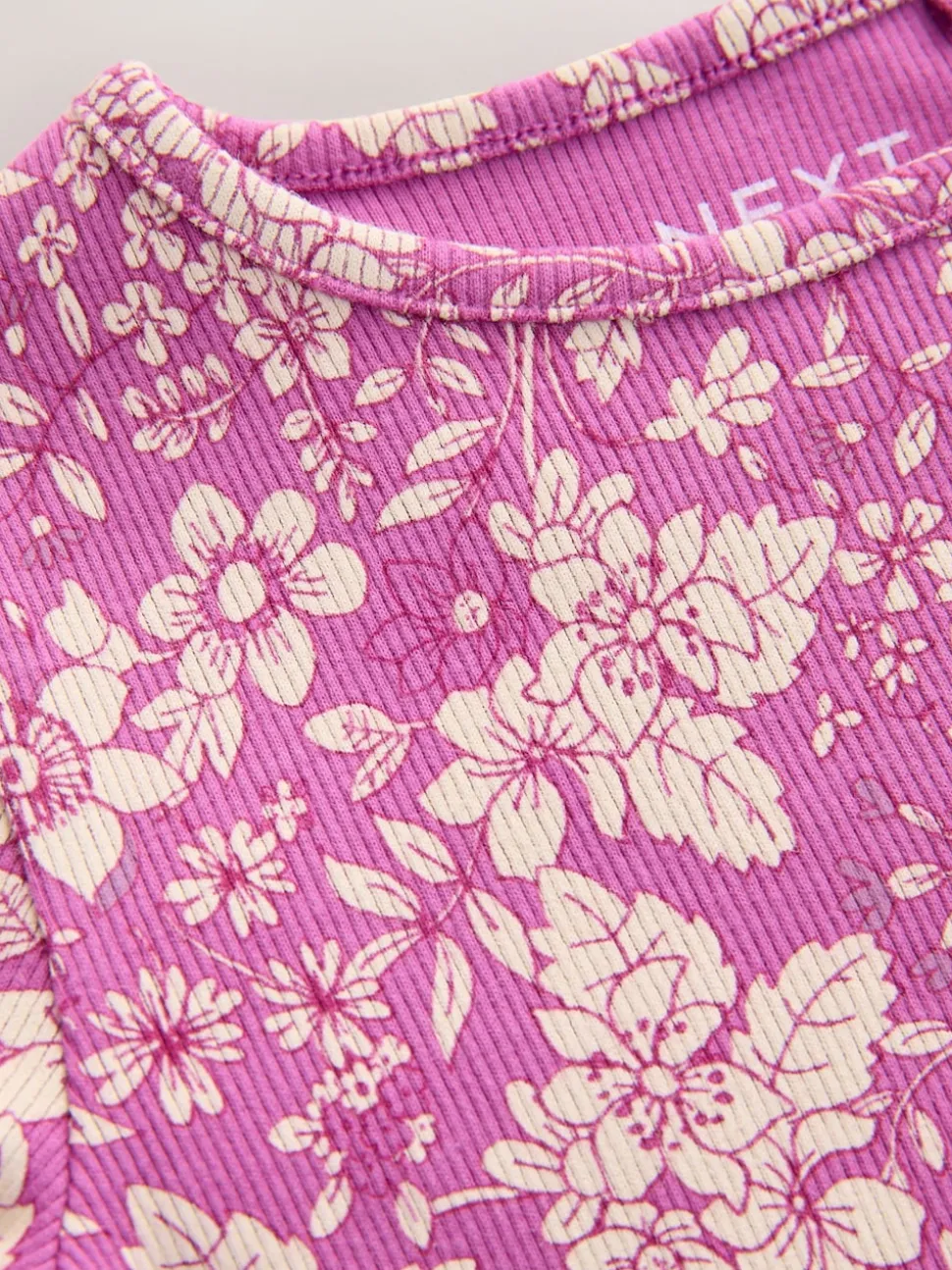 Floral pourpre - T-shirt côtelé à manches courtes (3mois à7ans)