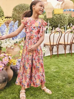 Floral rose - Combinaison plissée à volants à manches courtes (3-16ans)