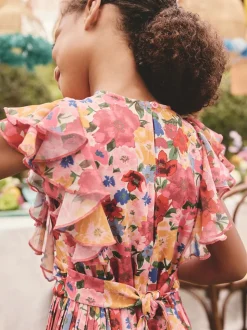 Floral rose - Combinaison plissée à volants à manches courtes (3-16ans)