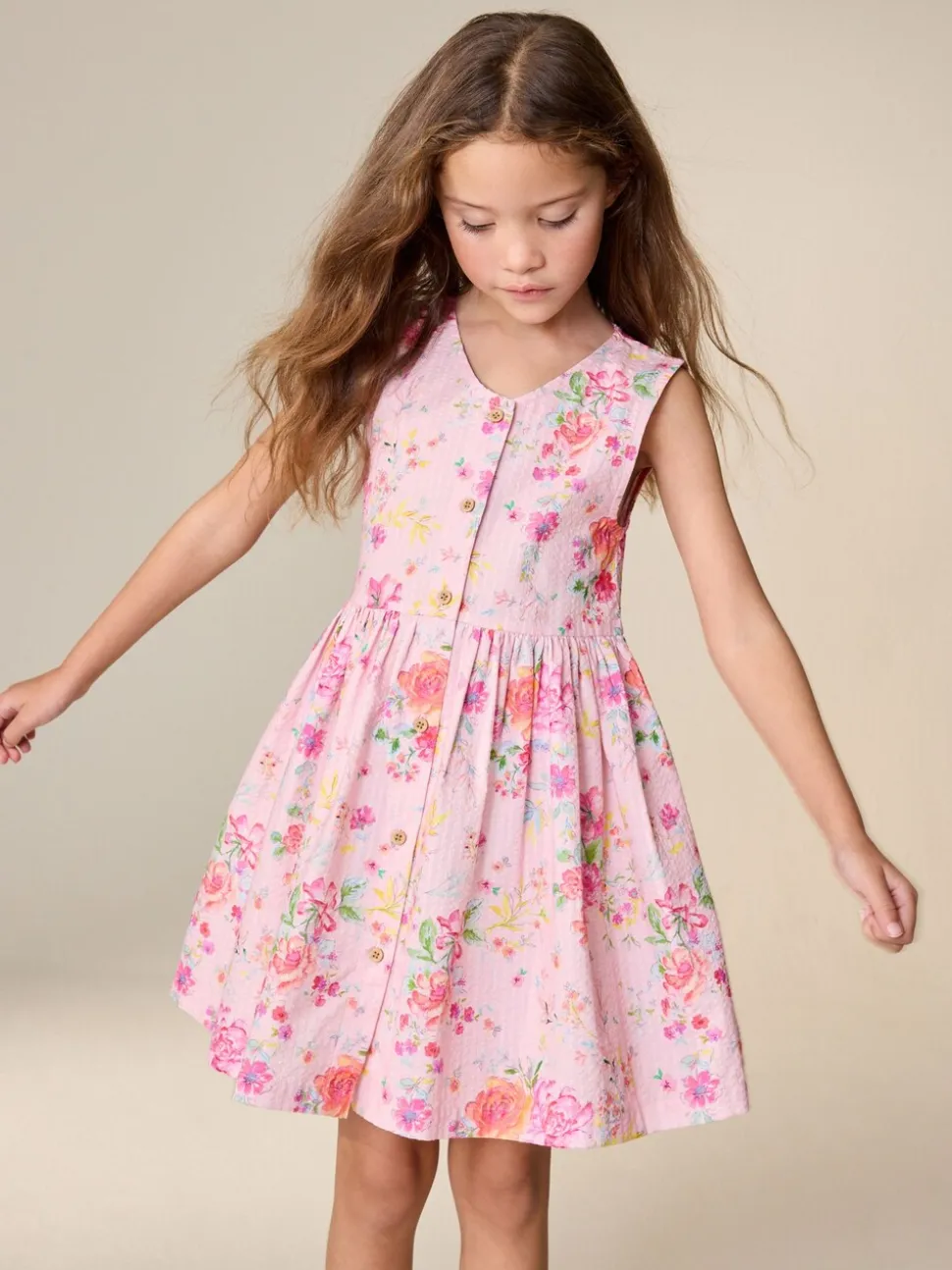 Floral rose - Robe boutonnée à Manches courtes Rayure (3-16ans)