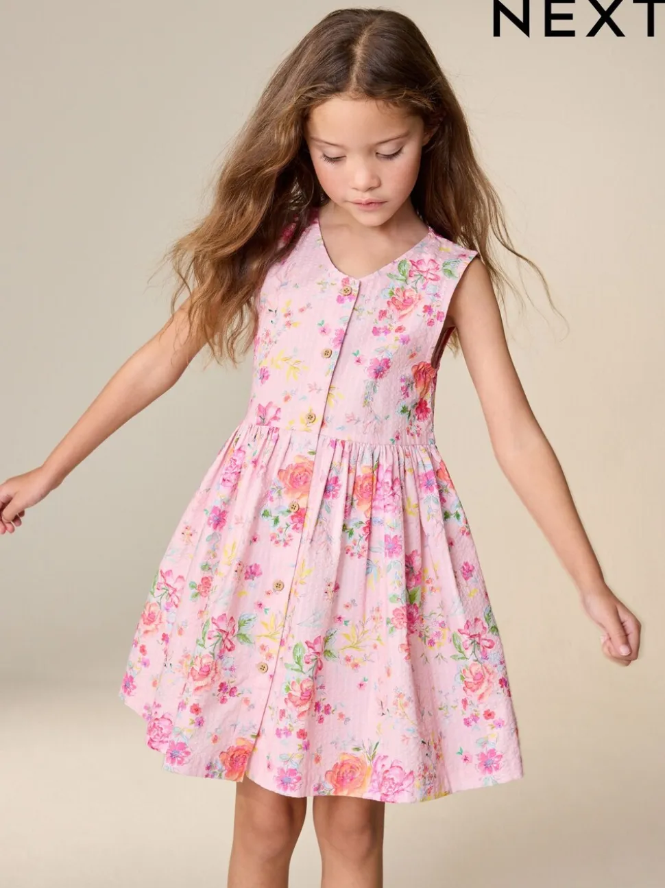 Floral rose - Robe boutonnée à Manches courtes Rayure (3-16ans)