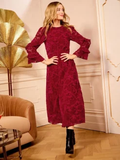 Floral rouge - Robe mi-longue Love & Roses Tissu dévoré Volants