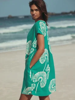 Floral vert - Court robe kaftan à manches courtes et col en V en Lin