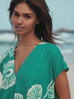 Floral vert - Court robe kaftan à manches courtes et col en V en Lin