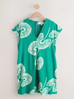 Floral vert - Court robe kaftan à manches courtes et col en V en Lin