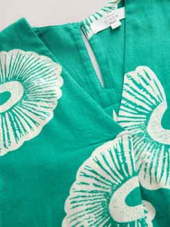 Floral vert - Court robe kaftan à manches courtes et col en V en Lin